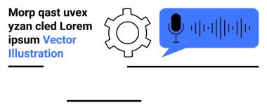 Mavi konuşma baloncuğunun içinde ses dalgalarını gösteren mikrofonlu bir vites. Teknoloji, iletişim, yenilik, ses kontrolü, yapay zeka, işbirliği, basit iniş sayfası için ideal