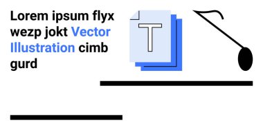 Grafik tasarım, markalaşma tasarımı, metin düzenleme, tipografi araçları, çalışma alanı görselleri, modern minimalizm. Mavi üstüste binen metin yığını, siyah çizgiler ve stilize bir kanca sembolü. Grafik tasarımı