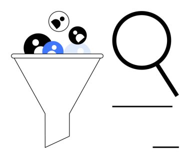 Büyüteç altında hassasiyete doğru çeşitli elementleri filtreleyen huni. Veri analizi, arama, adam toplama, müşteri hedefleme, iş stratejisi, konsept öncelikleri, basit düz