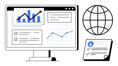 Grafikleri, kontrol listesi, küresel simgesi ve kullanıcı profili olan bilgisayar ekranı. İş stratejisi, veri analizi, küresel ulaşım, proje yönetimi, dijital pazarlama analizlerinin görselleştirilmesi için ideal