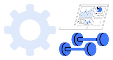 Fitness izleme, veri görselleştirme, egzersiz rutinleri, sağlık teknolojisi, ilerleme izleme, analitik araçlar. Bir vites, bir veri göstergesi ve dambıllar. Fitness izleme ve veri görselleştirme
