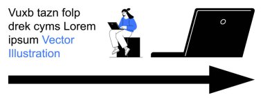 Uzaktan çalışma, dijital iletişim, kariyer büyümesi, bilgi paylaşımı, odaklanma ve yenilik. Dizüstü bilgisayarı olan biri. Önünde büyük siyah bir ok var. Uzak çalışma ve dijital iletişim