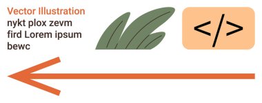 Web sitesi tasarımı, kodlama, kullanıcı arayüzü, navigasyon, yön bulma, dijital iletişim. Turuncu ok solu gösteriyor, kodlama sembolü yeşillik yer tutucu metin. Web sitesi tasarımı ve kodlama kavramı