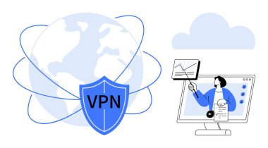 VPN güvenliği. VPN çevrimiçi veri güvenliğini ve küresel bağlantıyı sağlıyor. VPN koruması ve internet gizliliği olan dijital grafik. Siber savunma, web güvenliği, uzaktan çalışma, bilişim, sanal ağlar için