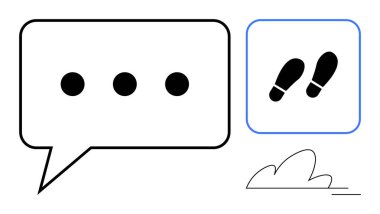 İletişim, dijital etkileşim, ilerleme, mesajlaşma, navigasyon, sosyal medya. Konuşma balonu ve ayak izi sembolleri. İletişim ve dijital etkileşim kavramı