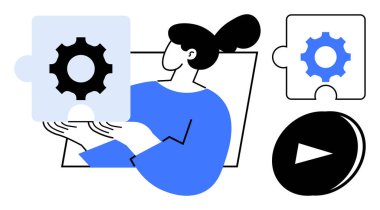 Takım çalışması, problem çözme, yenilik, işbirliği, verimlilik, teknoloji. Diğer bulmaca sembollerine bitişik, dişli ikonlu bir yapboz tutan kadın. Takım çalışması ve problem çözme kavramı