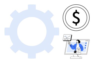Finansal teknoloji. Semboller arasında bir dolar işareti, vites yeniliği ve dijital işlemler için çevrimiçi destek yer alıyor. Finansal teknoloji işlemleri sorunsuzca yürütüyor. Fintech platformları için mükemmel