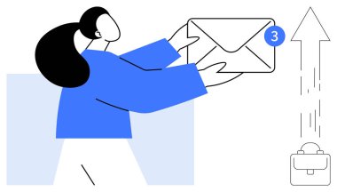 Dijital iletişim, iş verimliliği, e-posta bildirimleri, profesyonel mesajlaşma, ofis yazışmaları, üretkenlik araçları. Bildirim simgesi ve oku olan bir zarf tutan kişi