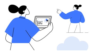 Veri analizi, iş teknolojisi, işbirliği, takım çalışması, bulut hesaplama, strateji planlaması. İki figür birbiriyle çatışır, birinin tabletinde grafikler vardır. Veri analizi ve iş teknolojisi