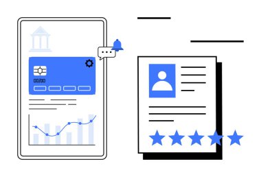 Beş yıldızlı kullanıcı profili belgesinin yanındaki tablette analitik, grafikler ve bankacılık ayrıntıları gösterilen dijital gösterge paneli. Fintech, dijital bankacılık, kimlik doğrulama için ideal