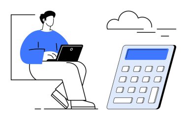 Çevrimiçi muhasebe, finansal planlama, dijital teknoloji, bulut hesaplama, iş yönetimi, verimlilik. Hesap makinesi ve bulut simgesiyle dizüstü bilgisayarda çalışan biri. Çevrimiçi hesaplama