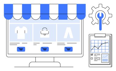 E-ticaret, çevrimiçi alışveriş, perakende yönetimi, iş analizleri, web sitesi optimizasyonu, ürün satışları. Ekranda dijital vitrin, panoda çizelge ve vites sembolü. E-ticaret