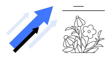 İş büyümesi, doğa ilhamı, başarı, ilerleme takibi, çiçek tasarımı, dekoratif sanat. Kalın oklar çiçek sanatı çizgisinin yukarısına işaret ediyor. Büyüme ve doğa ilham konsepti