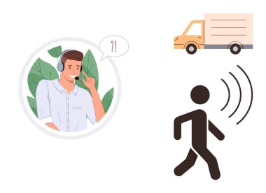 Teslimat kamyonu şoförü kulaklıkla acil çağrıya cevap verirken yaya araçtan habersiz. İletişim, aciliyet, ulaşım, güvenlik, dikkat dağıtma, farkındalık ve modern teknoloji için ideal. Basit.