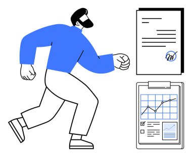 İş büyümesi, analitik, strateji, finans, ilerleme takibi, verimlilik. İmzalı bir belgeye ve grafiklerle dolu bir panoya doğru yürüyen bir adam. İş büyümesi ve analiz kavramları