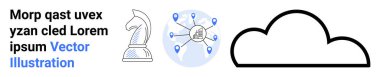Bulut hesaplama, ağ sistemleri, stratejik planlama, teknoloji ikonları, veri entegrasyonu, bağlantı. Satranç şövalyesi sembolü, ağ diyagramı bulut şekli. Stratejik planlama ve ağ sistemleri