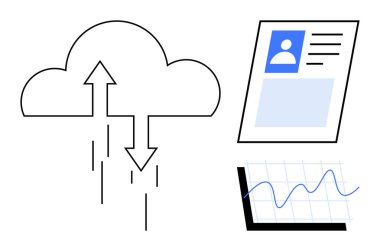 Bulut hesaplama konsepti. Profil bilgisi ve analiz çizelgesinin yanında yukarı ve aşağı okları olan bir bulut bilgisayar simgesi. Bulut hesaplama destekleyici veri transferi ve analizi