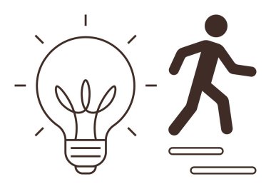 Ampul fikirler için çizgiler yayar, insan ilerlemek ve hareket etmek için adımlar atar. Yaratıcılık, yenilik, problem çözme, ilerleme, motivasyon, hareket büyümesi için idealdir. Basit düz metafor