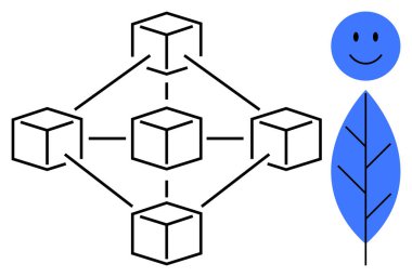 Blockchain konsepti. Blockchain bağlantılı düğümler dağıtılmış ağları ve güvenli sistemleri gösterir. Blok zinciri çevre dostu sembol sürdürülebilirliğiyle eşleştirildi. Teknoloji için, finans