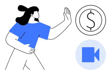 Çevrimiçi güvenlik, dijital ekonomi, gizlilik, güvenli ödeme, finansal sınırlar, uzak etkileşimler. Bir kadın jestleri dolar sembolü ve video çağrı ikonu ile durur. Çevrimiçi güvenlik ve dijital