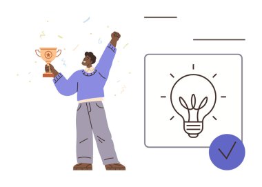 Kutlamak için elinde kupa tutan neşeli bir insan çerçevesinde bir ampulle bir işaret ile yeniliği sembolize ediyor. Başarı, motivasyon, yaratıcılık, başarı, üretkenlik için ideal