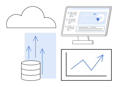 Bulut hesaplama, veri depolama, iş analizleri, veri göçü, dijital teknoloji, büyüme eğilimleri. Bulut simgesi, veritabanı okları bilgisayar ekranı büyüme grafiği. Bulut hesaplama ve veri depolama