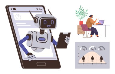 Robot akıllı telefon, dizüstü bilgisayarda çalışan kişi ve istatistikleri temsil eden veri tablosu ile etkileşime geçiyor. Yapay zeka, teknoloji, veri analizi, uzaktan çalışma, otomasyon, dijital dönüşüm için ideal