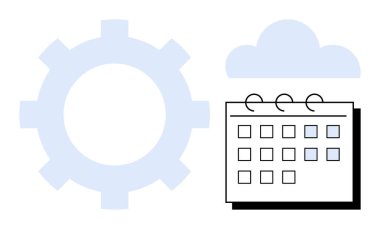 Dişli, bulut ve takvim simgeleri, kusursuz iş akışını, bulut hesaplamasını, program yönetimini, takım çalışmasını ve görev optimizasyonunu sembolize eder. Üretkenlik ve zaman yönetimi otomasyonu için ideal