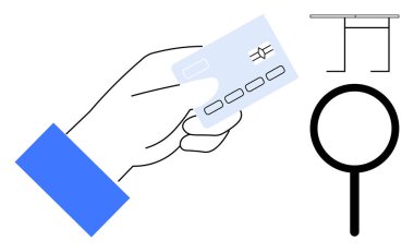 Finansal analiz, karar verme, ödeme onaylama, dolandırıcılık tespiti, online ödeme, dijital ekonomi. El ele tutuşan kredi kartları, büyüten cam ölçekli ikonlar. Finansal analiz