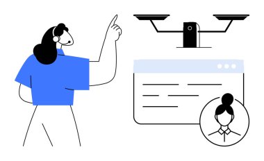 Uzaktan çalışma, dijital aletler, adalet sistemi, çevrimiçi iletişim, takım çalışması, karar verme. Görüntü, tarayıcı penceresi olan bir kadını gösteriyor. Uzak çalışma ve dijital araçlar