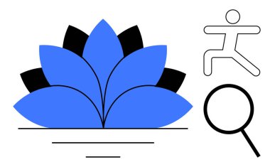 Büyümeyi simgeleyen mavi nilüfer çiçeği, aktiviteyi temsil eden koşan figür ve keşfi simgeleyen büyüteç. Farkındalık, fitness, sağlık, kişisel gelişim, büyüme, araştırma için ideal