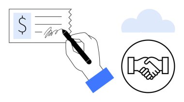 Finansal işlemler. El sıkışma sembolü ve bulut simgesi eşliğinde dolar sembollü bir çek imzalar. Mali işlemler bankacılık, anlaşmalar, ödemeler ve bulut tabanlı hizmetler