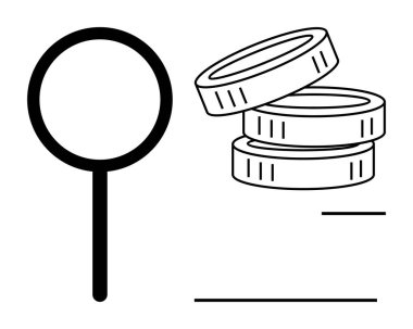 Finansal planlama, zenginlik yönetimi, ekonomi, iş stratejisi, finansal büyüme, veri analizi. Büyüteç ve bozuk para koleksiyonu çizgisi. Mali analiz ve zenginlik yönetimi kavramı
