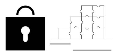 Güvenlik kavramı. Güvenlik görselleri kilit ve bulmaca parçalarının kilitlendiğini gösteriyor. Güvenlik, problem çözme ve veri bütünlüğü. İş güvenliği, bilişim, strateji, eğitim ve teknoloji