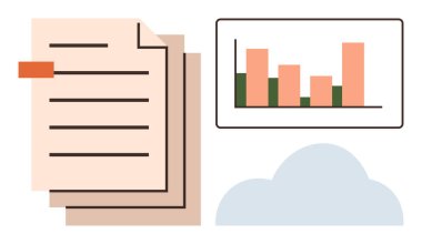 Birikmiş kağıt belgeler, bir ekranda bar çizelgesi, ve bulut simgesi veri organizasyonu, analitik ve depolama kavramlarını iletir. İş, finans, bulut depolama, veri analiz teknolojisi için ideal