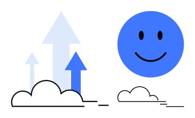 Büyüme konsepti. Yukarı doğru büyüyen oklar ve pozitif ışıldayan gülümseyen bir yüz. İş hedefleri, kişisel gelişim, başarı, iyimserlik ve başarı için büyüme