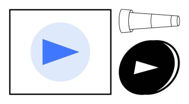 Dijital navigasyon, içerik oluşturma, geleceksel arayüz, medya kontrolü, kullanıcı etkileşimi, tasarım esnekliği. Mavi oynatma tuşu, teleskop ve dairesel siyah düğme. Dijital navigasyon ve içerik