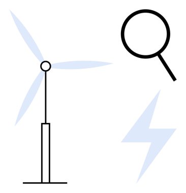 Rüzgar türbini, büyüteç ve yıldırım yenilenebilir enerji, analiz ve yenilikleri vurgular. Sürdürülebilirlik, araştırma, yenilenebilir kaynaklar, enerji verimliliği yeniliği için ideal