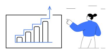 İş geliştirme, veri analizi, ilerleme takibi, mali strateji, ekonomik büyüme, takım performansı. Yükselen parmaklıklar ve yukarı bakan oklar, işaret eden insanlar. İş geliştirme ve veri
