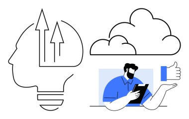 Yenilik, iş stratejisi, veri yönetimi, bulut çözümleri, iletişim, sanal onay. Büyüme okları olan bir ampul, bir bulut simgesi, ve baş parmağıyla tablet tutan bir kişi.