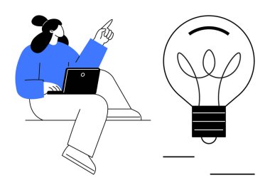 Creativity, innovation, brainstorming, productivity, technology, education. A person using a laptop gesturing near a light bulb symbol. Creativity and innovation concept