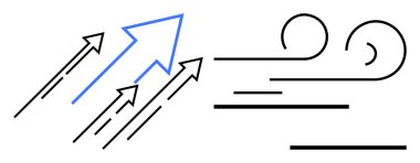 Fırıl fırıl dönen rüzgar çizgilerine karşı ilerleyen bir grup ok. Liderlik için ideal, yenilik, takım çalışması, büyüme, esneklik, kararlılık basit düz metafor