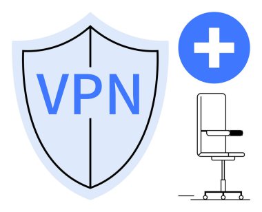 Siber güvenlik, sağlık sistemleri, uzaktan çalışma, veri koruması, güvenli teknoloji, çevrimiçi güvenlik. Kalkan etiketli VPN, mavi tıbbi çapraz ofis koltuğu. Siber güvenlik ve sağlık sistemleri kavramı