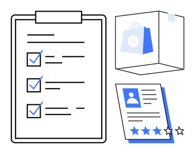 Kene işaretli pano kontrol listesi, indirim etiketli alışveriş kutusu ve kullanıcı fotoğrafı ve yıldızlı derecelendirme kağıdı. Organizasyon, ekommerce, değerlendirme, geribildirim, kalite kontrol, müşteri