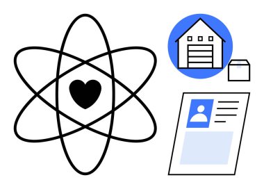 Lojistik konsept. Lojistik unsurlar arasında atom sembolü içinde bir kalp, bir depo ikonu ve kişisel kimlik belgesi yer alıyor. Depolama, kimlik, nakliye, bilim ve tedarik zinciri için lojistik