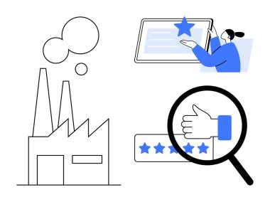 Müşteri memnuniyeti, kalite güvencesi, endüstriyel üretim, kullanıcı geribildirimi, ürün değerlendirmesi, hizmet derecesi. Fabrika, geri bildirim formu büyütülmüş el ve yıldız incelemesi. Müşteri memnuniyeti