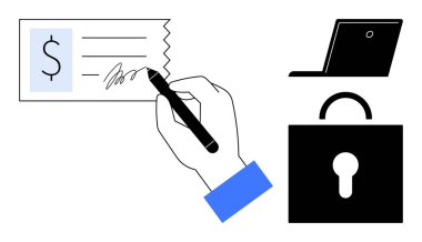 Çevrimiçi bankacılık, finansal güvenlik, siber güvenlik, ödeme çözümleri, e-ticaret, dolandırıcılığı önleme. Kilit ve dizüstü bilgisayarlı bir çek imzalıyorum. Çevrimiçi bankacılık ve finansal güvenlik kavramı