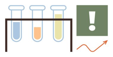 Raflardaki sıvılarla dolu test tüpleri, uyarı işareti, yükselen ok. Bilim, araştırma, yenilik, veri analizi ve sağlık eğitimi için ideal. Basit düz metafor