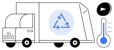 Sürdürülebilir ulaşım, atık yönetimi, yeşil lojistik, sıcaklık kontrolü, geri dönüşüm farkındalığı, çevre dostu tasarım. Geri dönüşüm ikonu, termometre ve ikon çalan bir kamyon. Sürdürülebilir taşıma