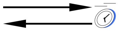 Zaman yönetimi, görelilik, ilerleme, yön, denge, karar verme. Minimalist saat tasarımı ile zıt yönlere bakan siyah oklar. Zaman yönetimi ve görelilik kavramı